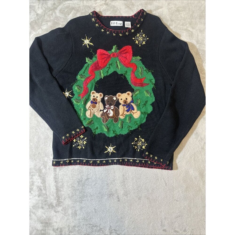 Women’s Vintage Christmas Sweater Granny Core Black Green B.P Design Size Medium - Picture 5 of 14